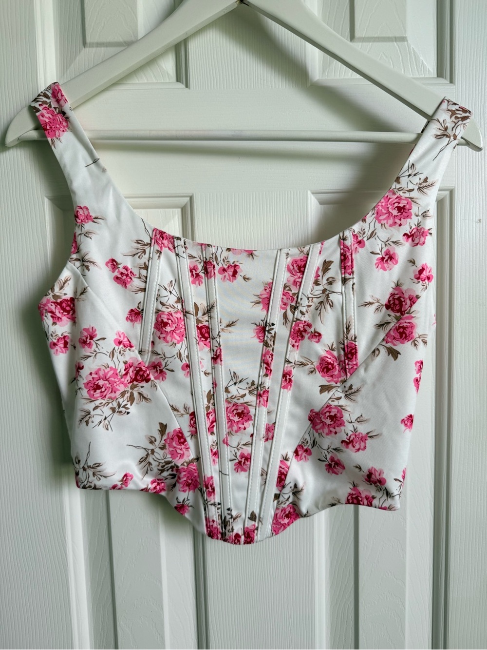 Floral Corset Crop Top - White with Pink Roses